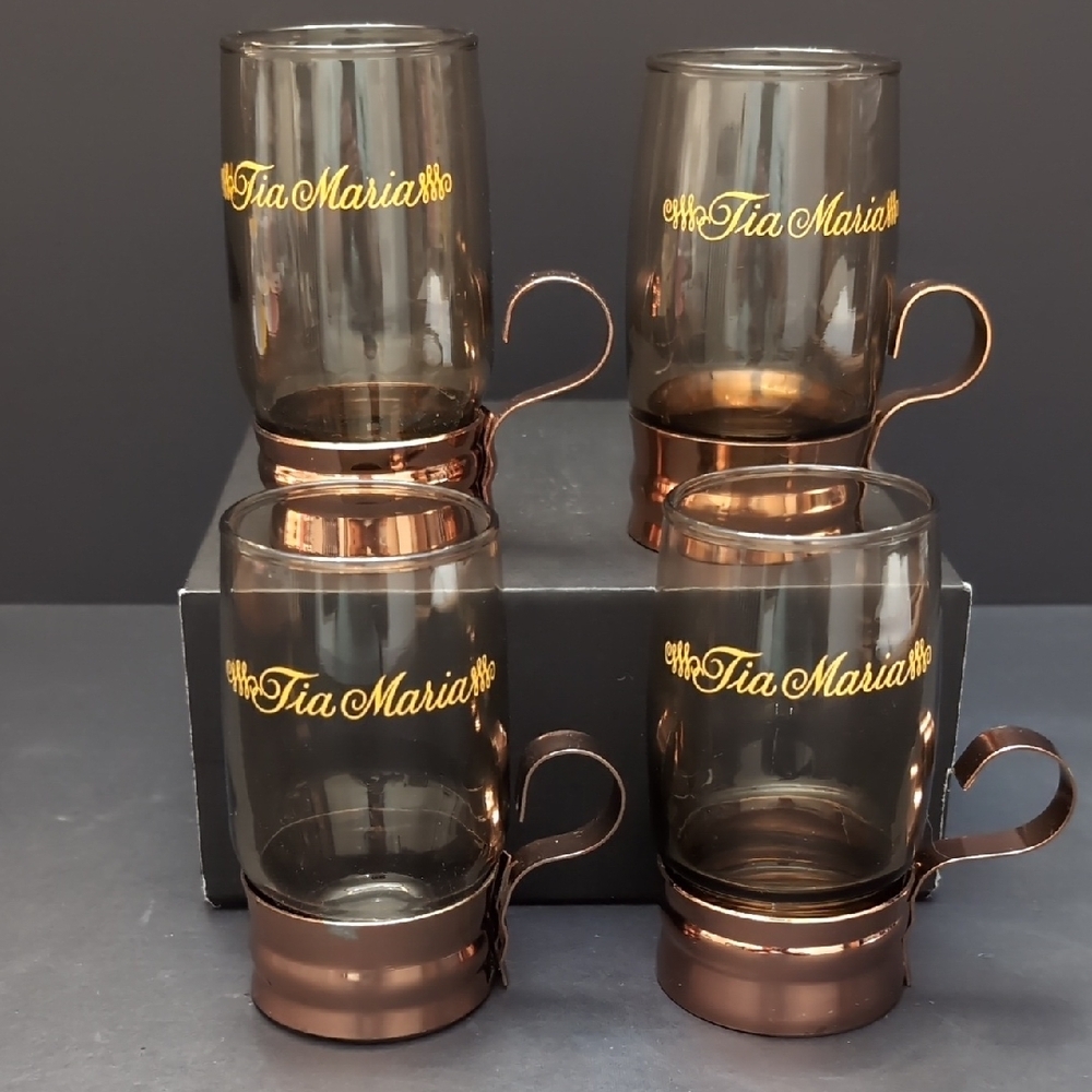 VGT,Lot Of 4 Tia Maria Hot Toddy Smokey Gray/Copper Glass Cups.